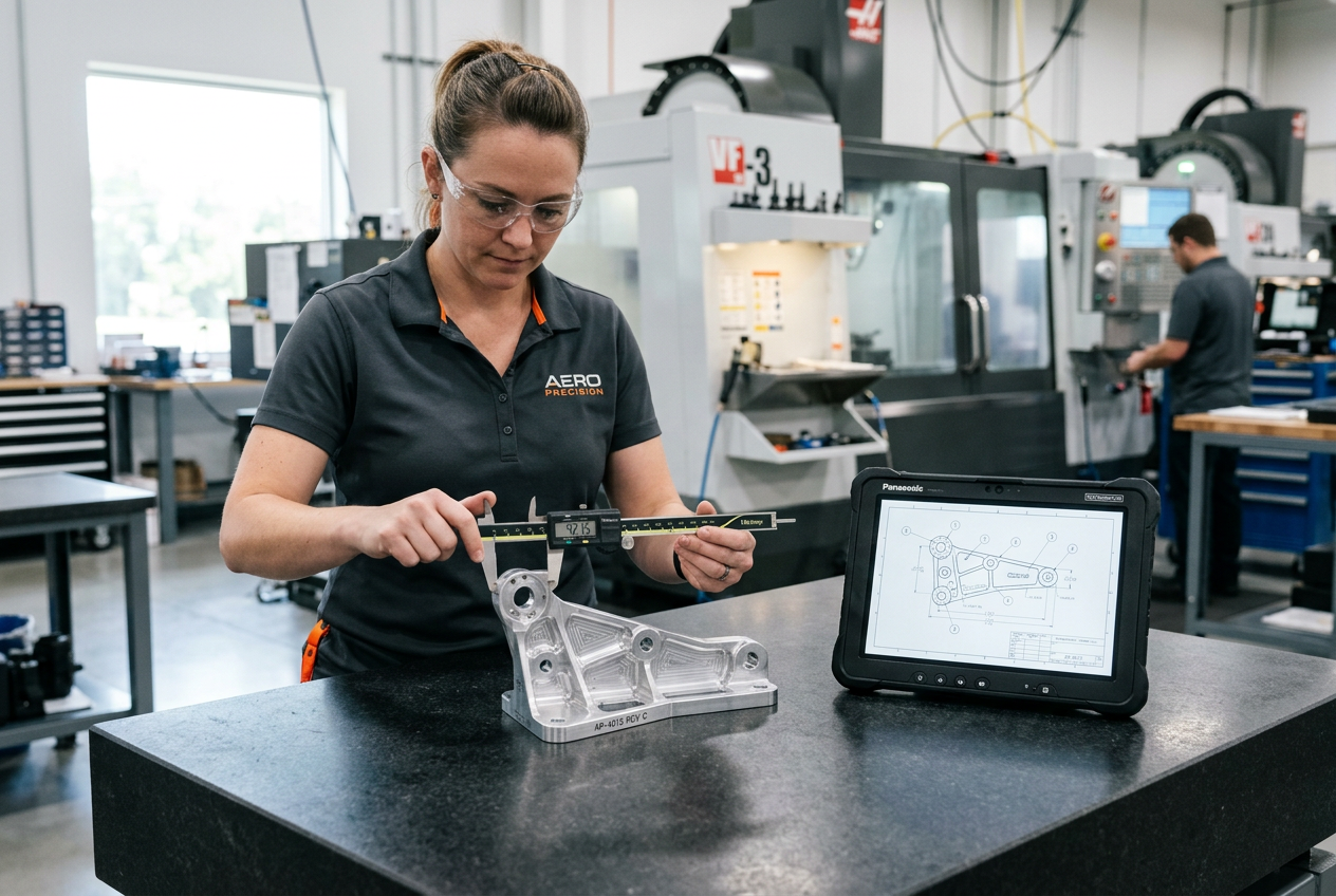 Quality inspector measuring an aerospace bracket with digital calipers next to a tablet showing a ballooned drawing